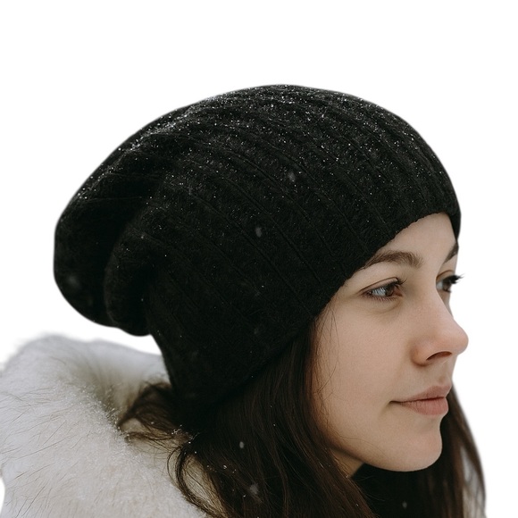 Portolano Cashmere Slouchy Rib Knit Beanie One Size Black Brand New! - Picture 1 of 5
